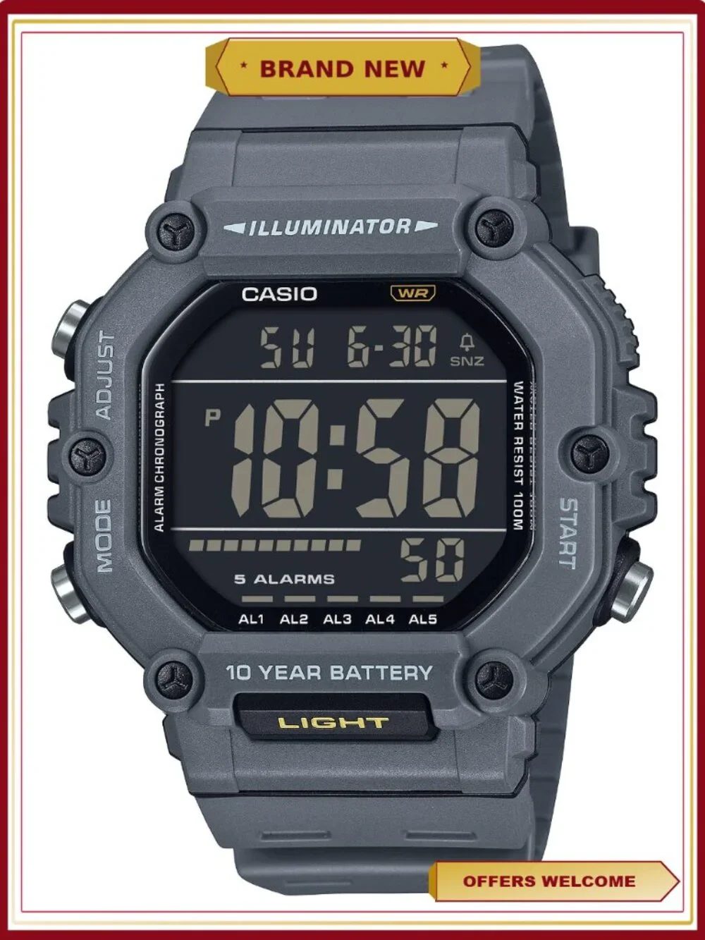 Mens Digital Watch Large LCD 10-Year Battery 100M Water Resistant Stopwatch